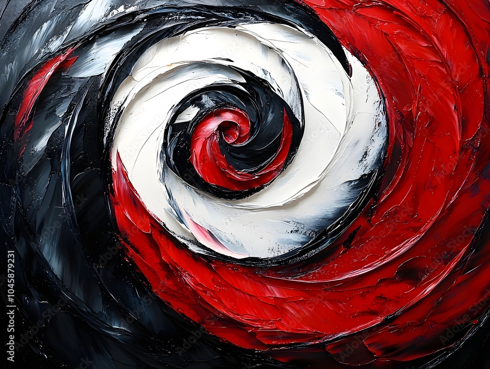 Poster a vibrant abstract swirl painted in red, black, and white with thick textures, creating a striking v