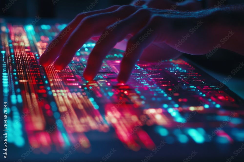 Poster futuristic close-up of hands typing on a vibrant, illuminated keyboard with colorful data streams, s