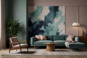 a stylish living room with an abstract art on wall 