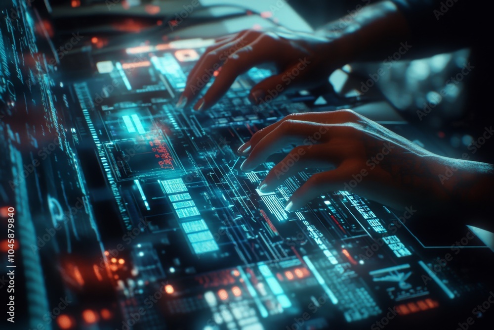 Poster futuristic hands on cybernetic keyboard in neon glow, showcasing high-tech programming and digital c