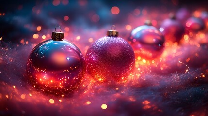 Colorful Christmas ornaments resting on soft snow with glowing lights in the background