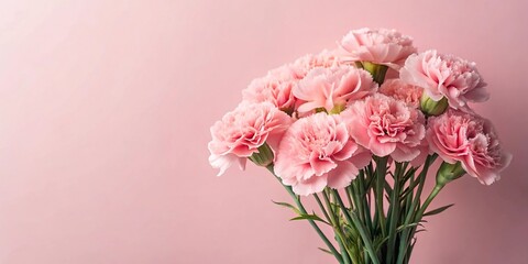 Fototapeta premium Soft filter enhances pink carnation flowers bouquet on light pink background silhouette