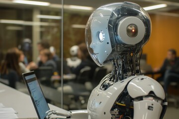 Fototapeta premium Futuristic humanoid robot working on a laptop in a modern office environment, symbolizing AI integration in the workplace and technology advancement.