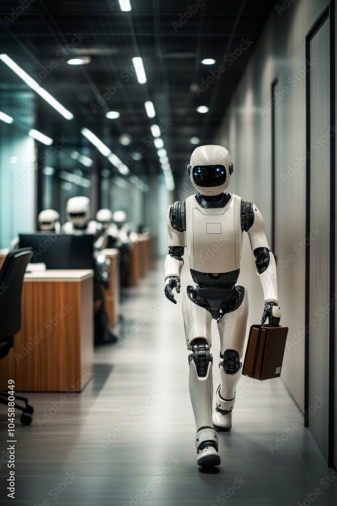 Poster futuristic office scene: humanoid robot carrying briefcase, walking through modern workspace, surrou