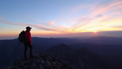 Obraz premium Hiker standing on a mountain peak with a scenic sunset created with generative AI