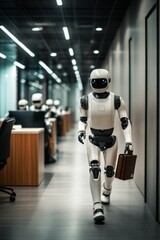 Futuristic Office Scene: Humanoid Robot Carrying Briefcase, Walking Through Modern Workspace, Surrounded by Other Robots in a High-Tech Environment