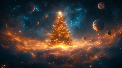 Obraz premium A magnificent cosmic Christmas tree shines brightly in the galaxy amidst vibrant stars and planets