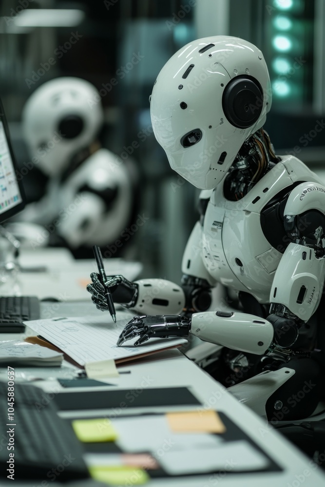 Poster futuristic office scene with humanoid robots working at desks, engaged in writing and data managemen