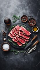 sliced beef in the middle of the black background, flat lay top view
