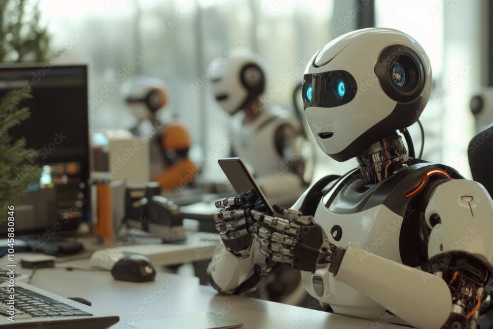 Poster futuristic office with robots: androids engaging with technology, analyzing data on smartphones amid