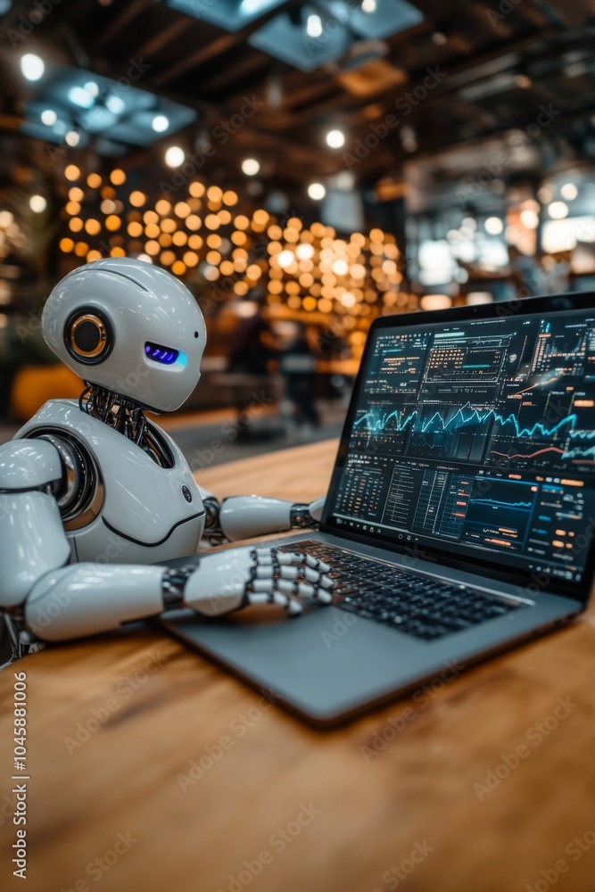 Poster futuristic robot analyzing data on laptop in modern workspace with warm ambient lighting, symbolizin