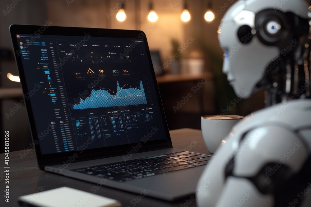 Poster futuristic robot analyzing financial data on a laptop in a modern workspace, showcasing advanced tec