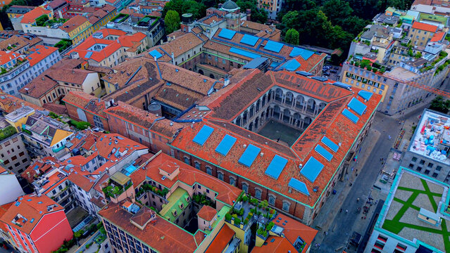 Aerial view of the rooftops of the Brera Pinacoteca and the domes of the Brera Astronomical Observatory. Museum of Classical Pedagogical Art. columns. University. Milan Italy 25.10.2024