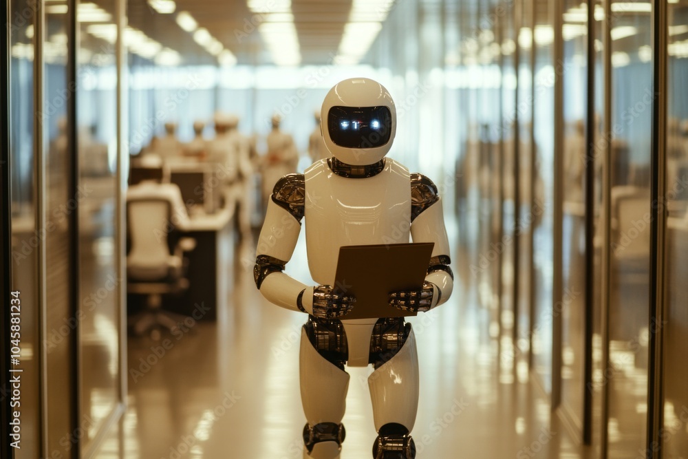Poster futuristic robot assistant in modern office environment, analyzing data on tablet, innovation and au