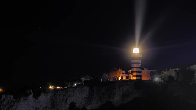 Time lapse: fast moving beams of light produced by lighthouse against the dark sky in Istanbul, Turkey at night: timelapse