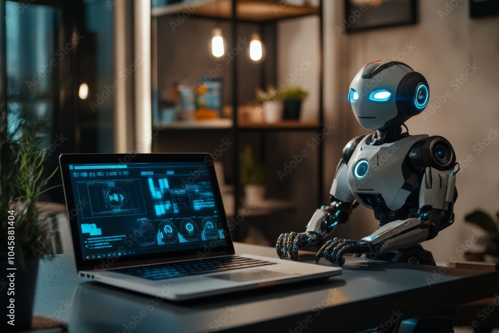 Poster futuristic robot interacting with a laptop, showcasing advanced technology and artificial intelligen