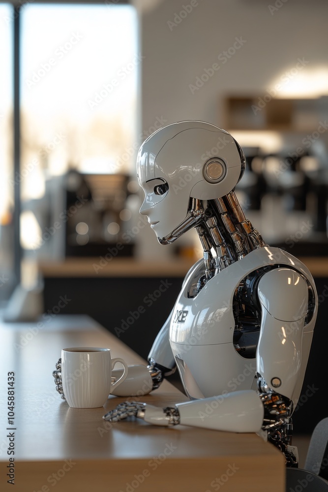 Poster futuristic robot enjoying coffee in modern cafã© setting: a blend of technology and relaxation in a 