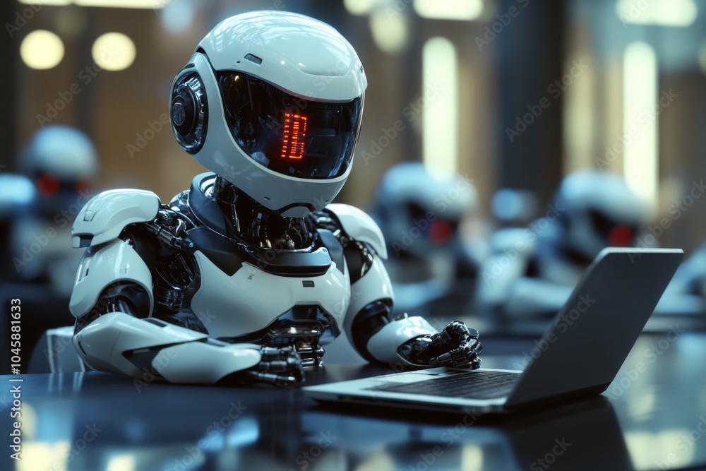 Poster futuristic robot with a sleek design, focused on a laptop in a high-tech workspace, showcasing the i