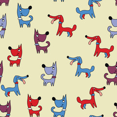 Vector seamless repeating childish pattern with cute dogs in Scandinavian style. Animals background with dog, pets, puppy for invitation, poster, card, flyer, textile, fabric