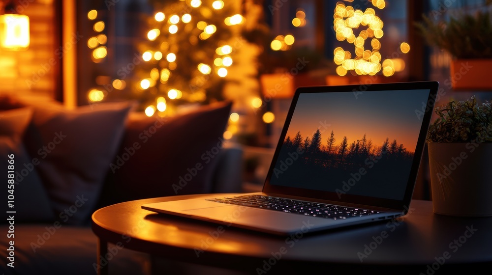 Poster a warm, inviting workspace features a laptop showing a sunset over trees, illuminated by soft lighti