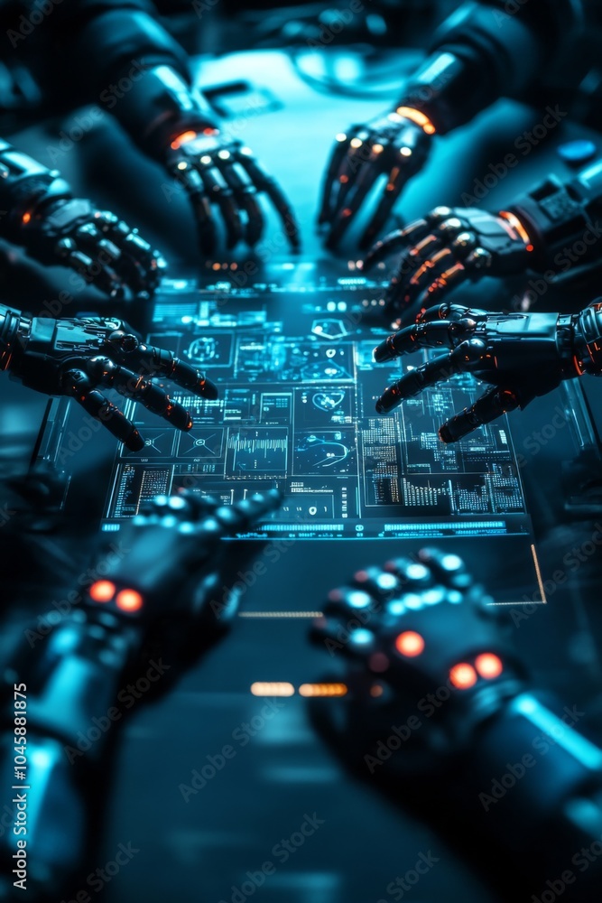 Poster futuristic robotic hands interacting with a digital interface, glowing with neon lights, showcasing 