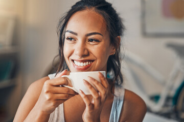 Thinking, bed and woman with coffee, relax and smile with comfort, start day and morning. House,...