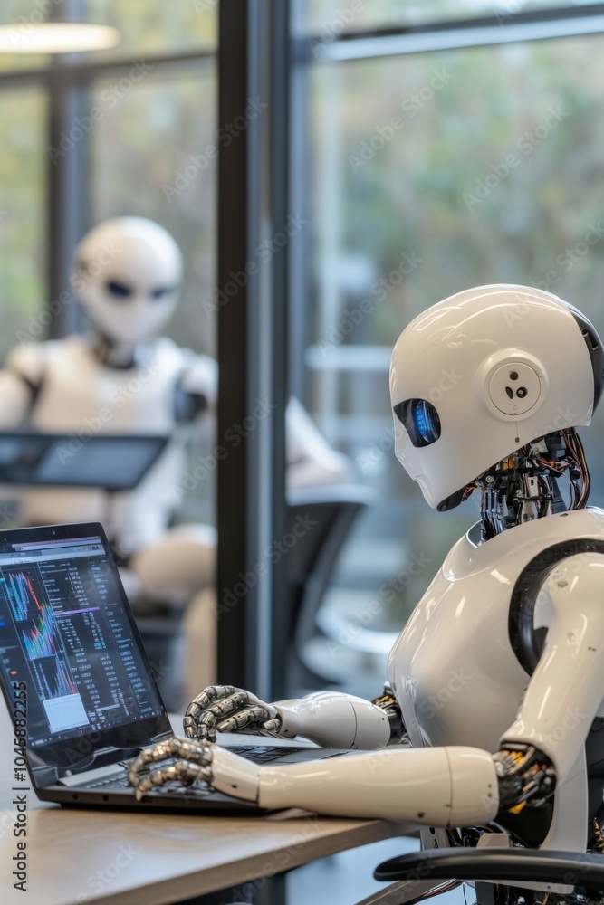 Poster futuristic robots working collaboratively in a modern office setting, showcasing advanced technology