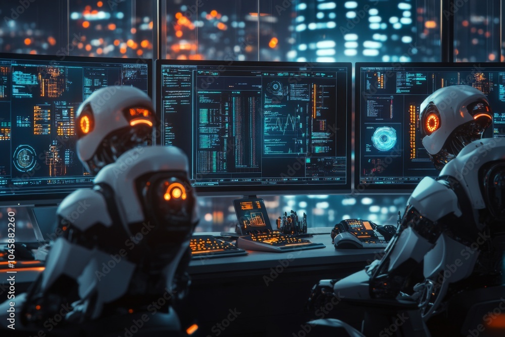 Poster futuristic robots monitoring data on high-tech screens in a neon-lit control room, showcasing advanc