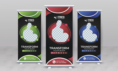 Fitness gym creative standee x rollup banner design vector template retractable bodybuilding advertisement signage