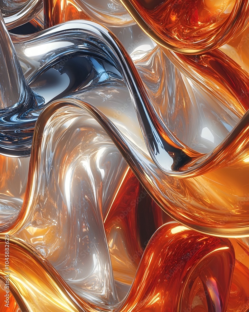 Poster an abstract composition featuring flowing waves of metallic silver, orange, and blue, creating a dyn