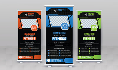 Fitness gym creative standee x rollup banner design vector template retractable bodybuilding advertisement signage