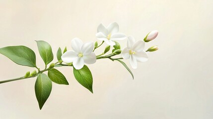   A close-up of a plant's branch with white flowers and green leaves on a light background