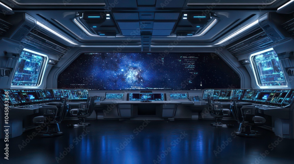 Aufkleber futuristic spaceship bridge with a view of a nebula through the large window.