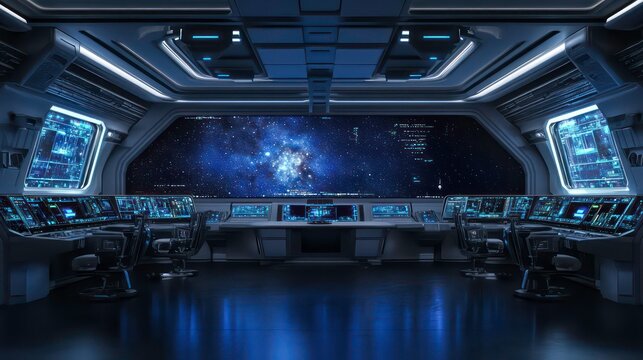Futuristic spaceship bridge with a view of a nebula through the large window.