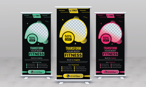 Fitness gym creative standee x rollup banner design vector template retractable bodybuilding advertisement signage