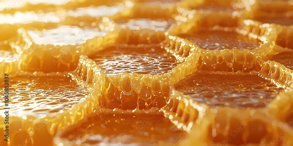 Poster close-up of glistening honeycomb, featuring intricate hexagonal patterns filled with golden honey, c