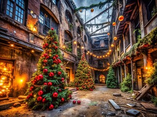 Fototapeta premium Urban Exploration of Ebony Christmas Decor in Abandoned City Spaces