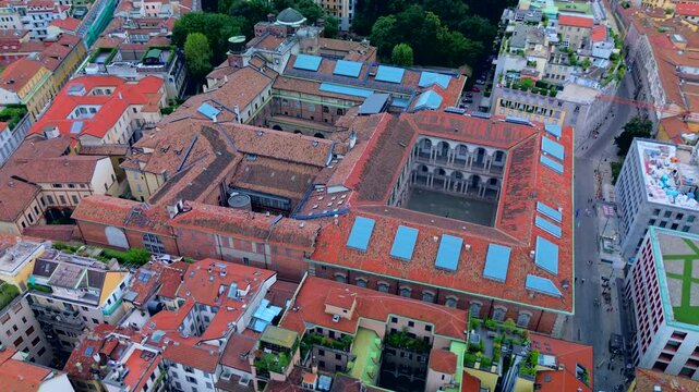 Aerial view of the rooftops of the Brera Pinacoteca and the domes of the Brera Astronomical Observatory. Museum of Classical Pedagogical Art. columns. University. Milan Italy 25.10.2024