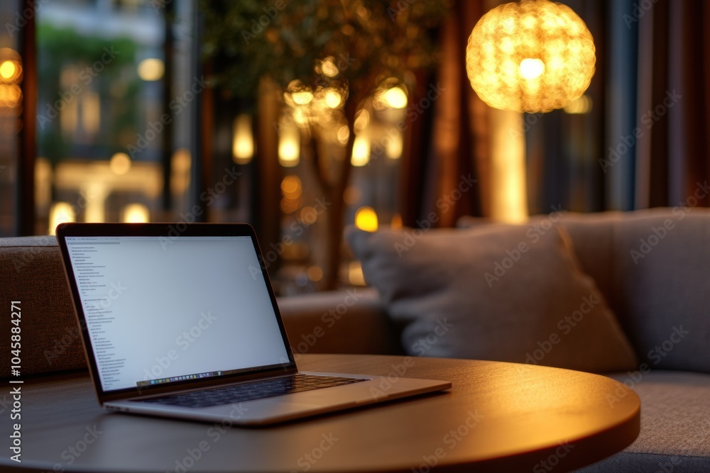 Poster a laptop rests on a round wooden table, surrounded by soft seating and warm lighting, creating a tra