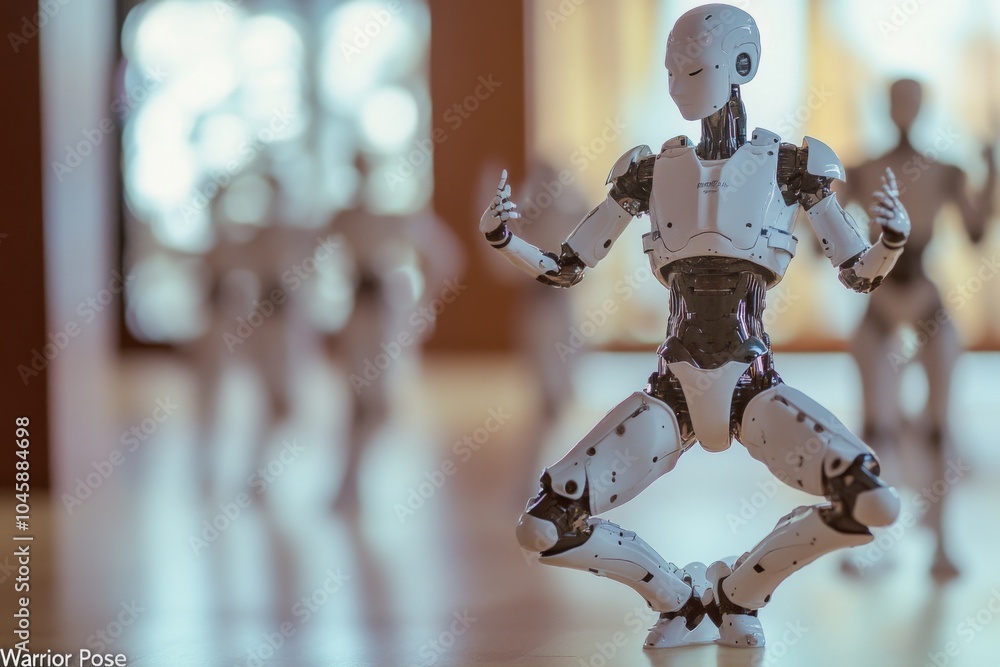 Poster graceful focused robot performing yoga poses in a bright studio surrounded by abstract robot figures