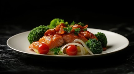 A plate of delicious, steamed salmon fillet with broccoli, onions, and cherry tomatoes, served with a side dish on a dark background