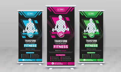 Fitness gym creative standee x rollup banner design vector template retractable bodybuilding advertisement signage