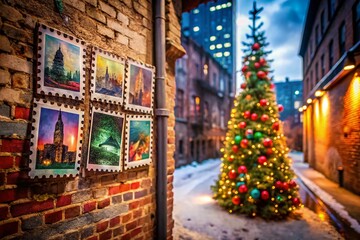 Urban Exploration Photography of Vintage Christmas USPS Stamps in a Grungy City Setting