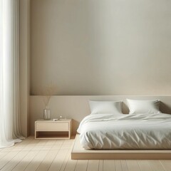 A minimalist aesthetic bedroom scene with a calming and neutral color palette. A low platform bed with white bedding and no visible pillows sits again