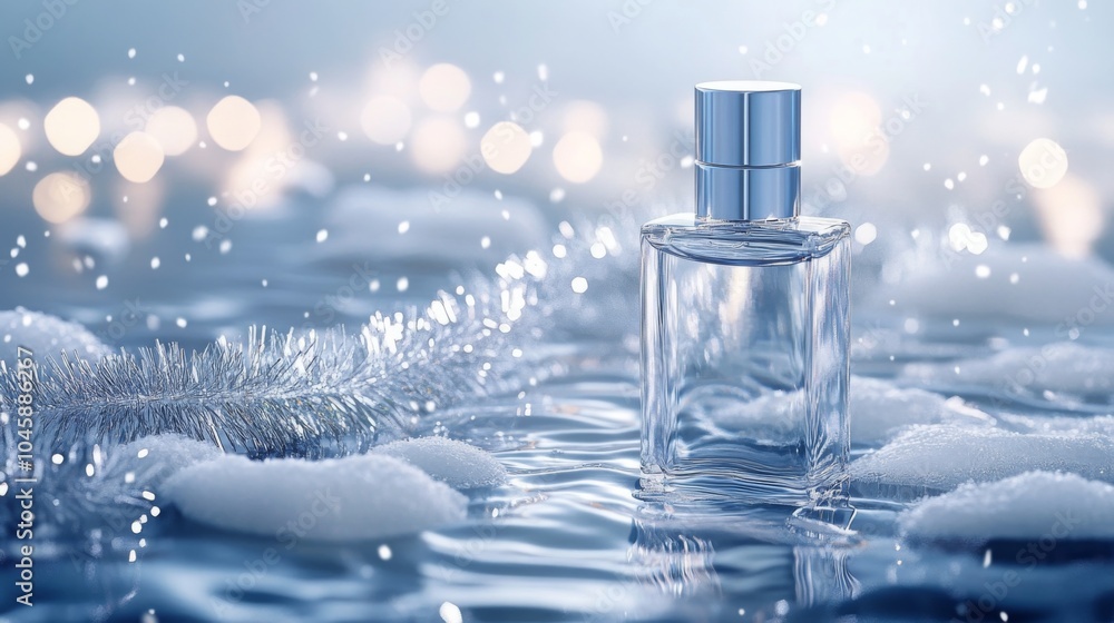Poster a crystal-clear perfume bottle stands elegantly on a shimmering surface, surrounded by gentle snowfl
