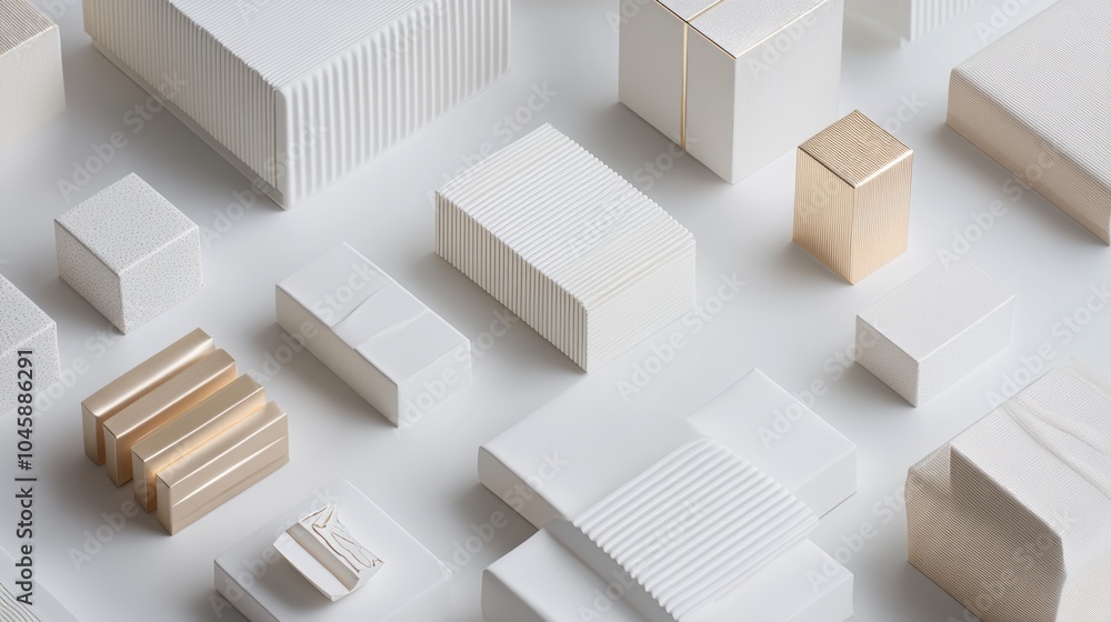 Poster Stylish geometric gift boxes in white and gold showcase modern design trends, enhancing decor while offering unique presentation options. Generative AI