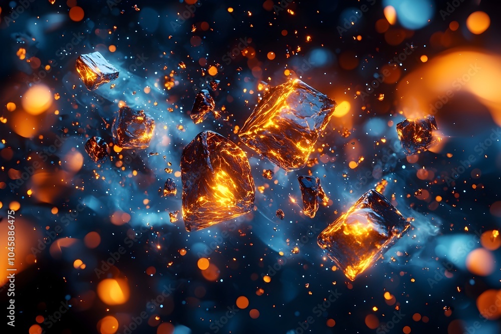 Poster dynamic abstract composition featuring glowing orange and blue particles set against a cosmic backgr
