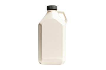 White plastic milk bottle with cap isolated on white background. Concept of packaging, storage, and container design.