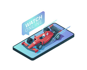 Red racing car with opened wheels standing on the phone in isometric style
