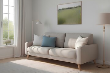 Fototapeta premium Dieses helle und einladende Wohnzimmer besticht durch sanfte Farbtöne und eine harmonische Gestaltung. Großzügige Fenster sorgen für reichlich Tageslicht, während die minimalistische Einrichtung eine 